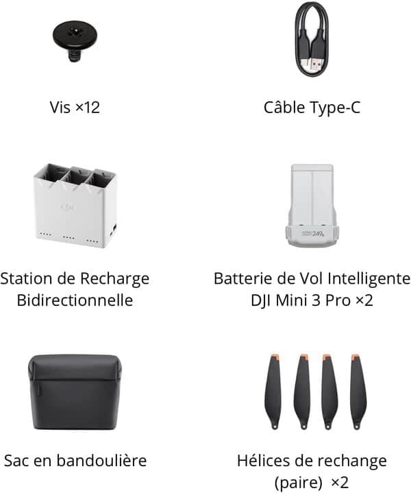 Kit Dji Mini 3 Pro Fly More, Inclut Deux Batteries de Vol Intelligentes, une Station de Recharge Bidirectionnelle, un Câble de Données, un Sac à Bandoulière, des Hélices de Rechange et des Vis