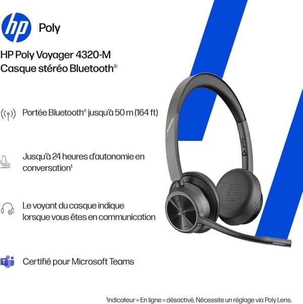 Micro-casque sans fil Poly Voyager 4320 UC - Micro-casques binauraux avec perche microphone antibruit - Connexion à un PC/Mac/Téléphone portable via Bluetooth - Fonctionne avec Teams (certifié), Zoom